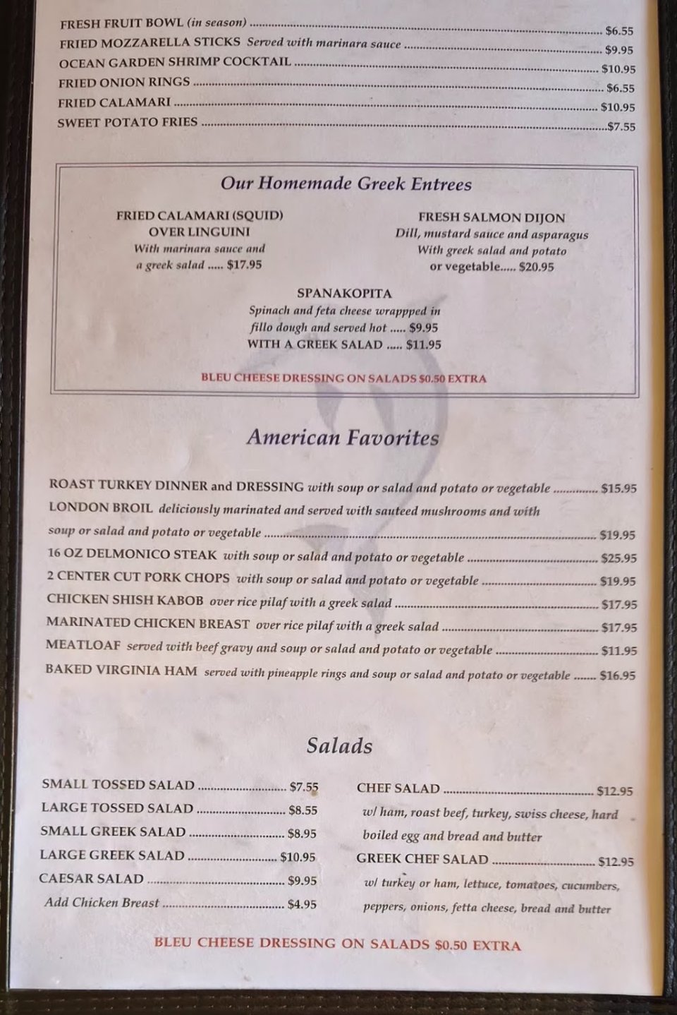 Printed menu page with soups and sandwich choices.