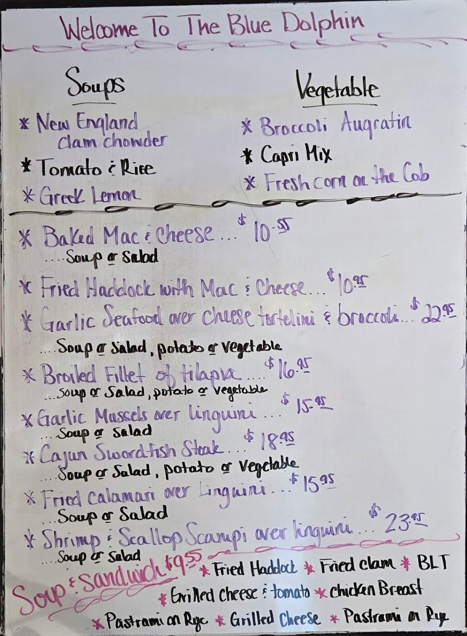 Menu board showing homemade soup and diner specials.