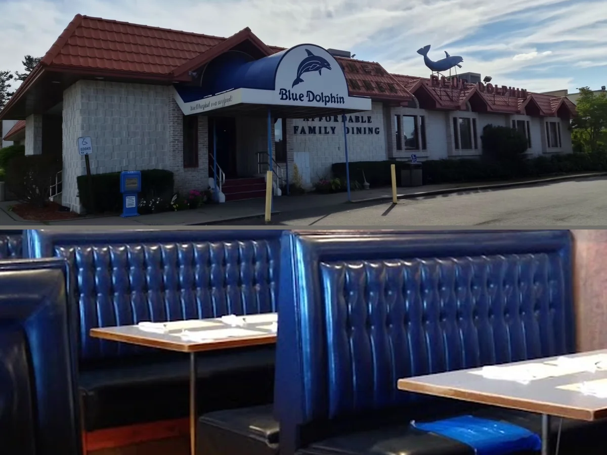 Breakfast plates on tables inside a classic diner setting.